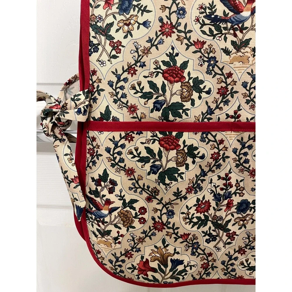 Red Blue Floral Bird Side Tie Apron, Handcrafted Kitchen Linen
